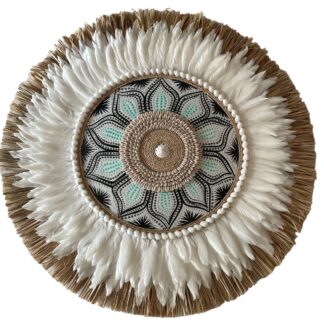 Mendong juju hat with feather, shell and painted decoration